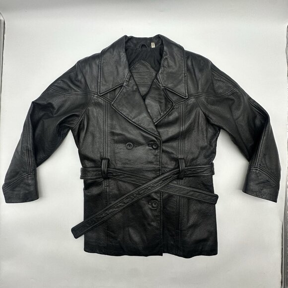 Preston & York Size Petite Small Black Genuine Leather Belted Button Up Jacket - Picture 1 of 12